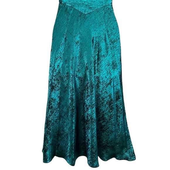 LIV FOSTER JADE Foil Chiffon Metallic Teal Halter Knotted Back Dress Size 2 NWT - Picture 7 of 16